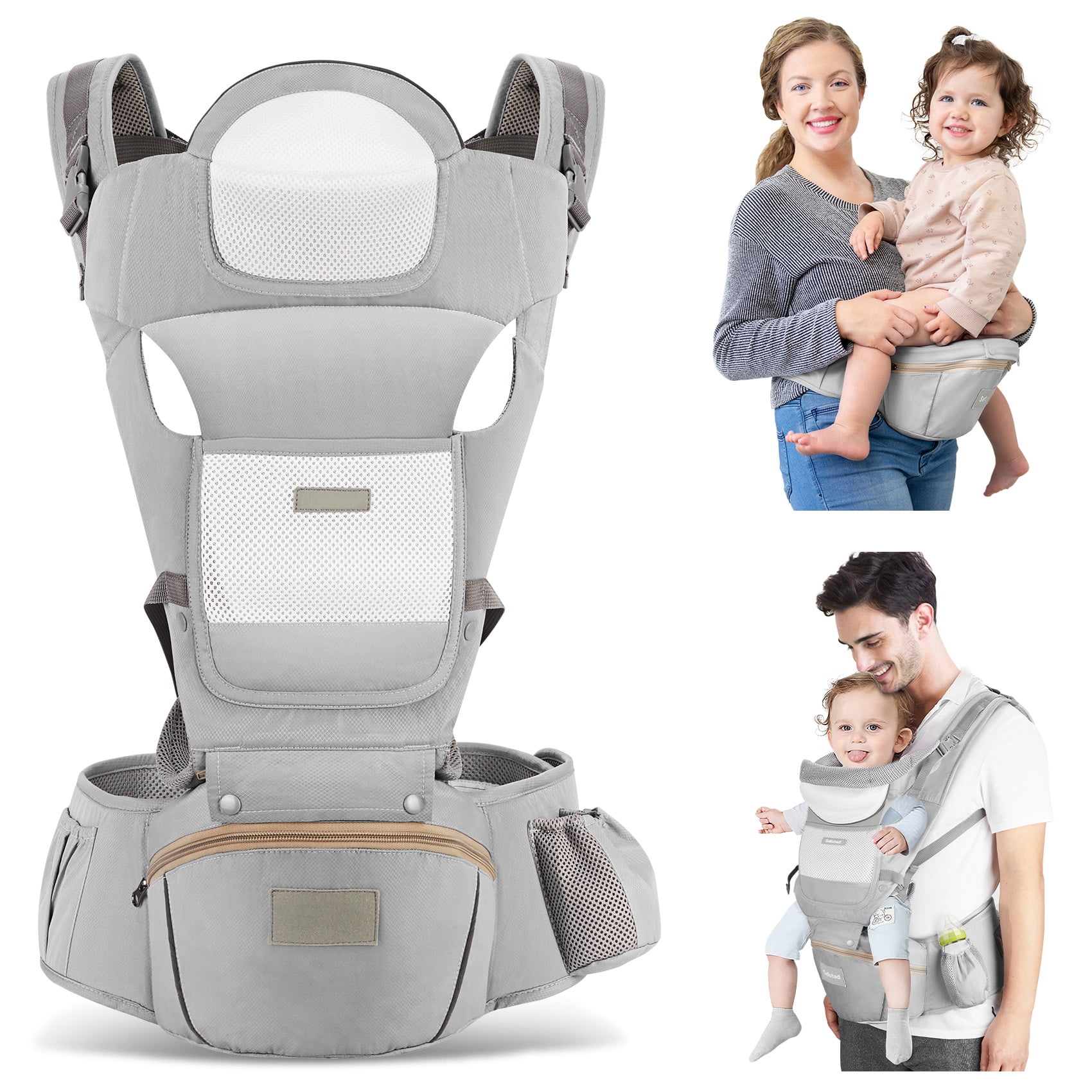 MOONORAH Baby Carrier with Hip Seat, Ergonomic M Position 6 in 1 Baby Wraps Carrier Adjustable Holder Newborn to Toddler with Head Support and Breathable Mesh Gray