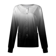 OTEMRCLOC Uniform Scrubs Long Sleeve Pocket Working Collar Gradient Single-breasted Overalls Cardigan Jacket Top, Black/XXL