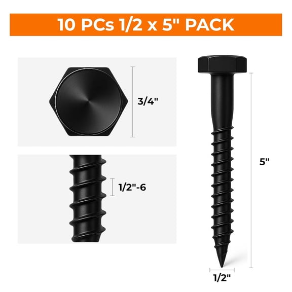 OTGFRF-1/2 x 5 Black Lag Bolts, 10 PCs Heavy Duty Dacromet-Coated 304 Stainless Wood Lag Screws, Hex Head for Outdoor Framing Construction