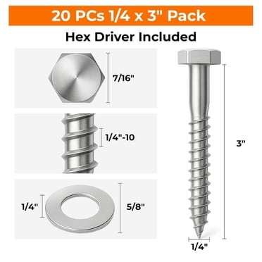 16-Pack 1/4" X 3-1/2" Hex Head Lag Screws – 304 Stainless Steel, Heavy-Duty For Wood, Deck, TV Mounts