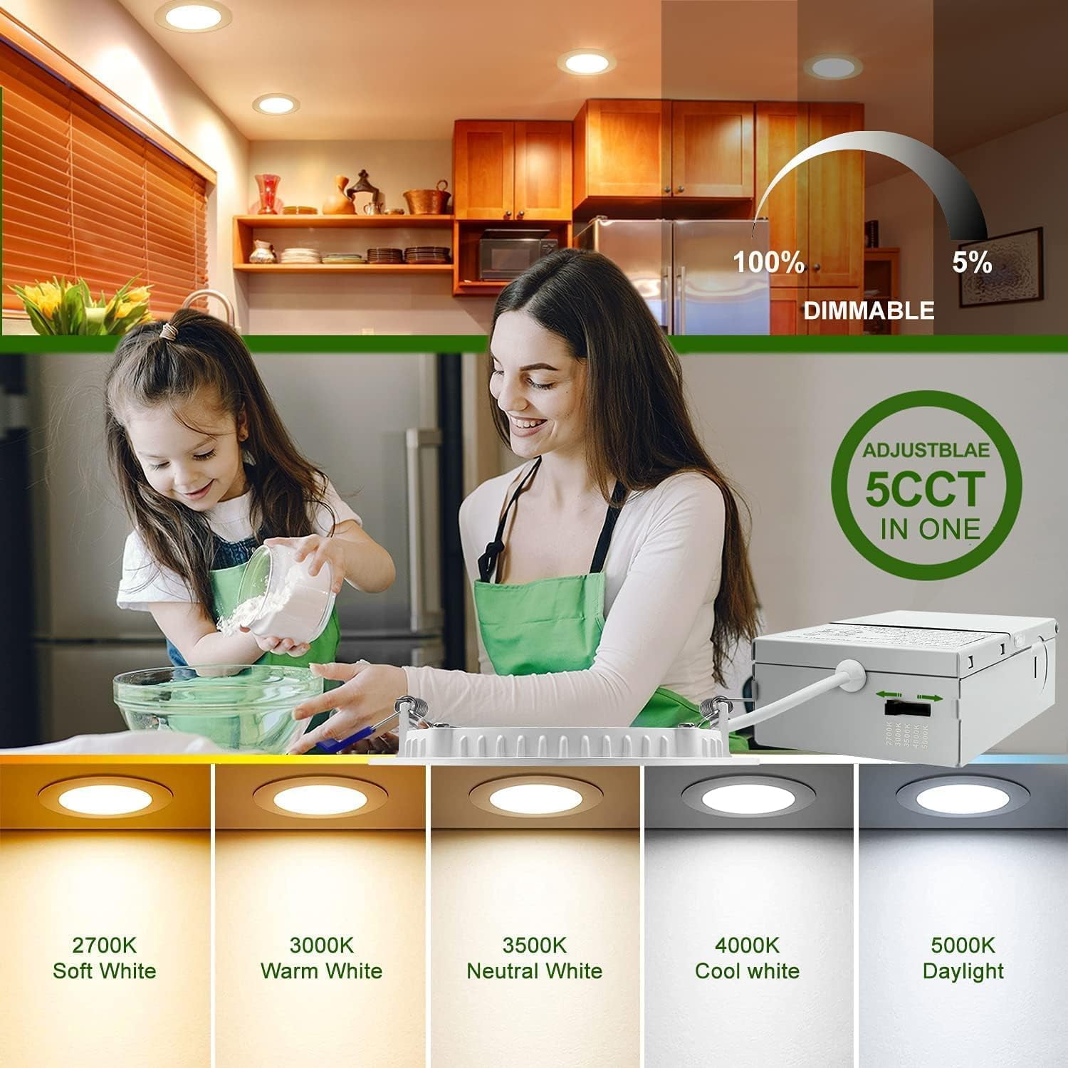 2 Pack 8 Inch Square Recessed LED Downlights, 18W 1440lm Dimmable, 5CCT Selectable (2700K-5000K), With Junction Box - ETL Certified