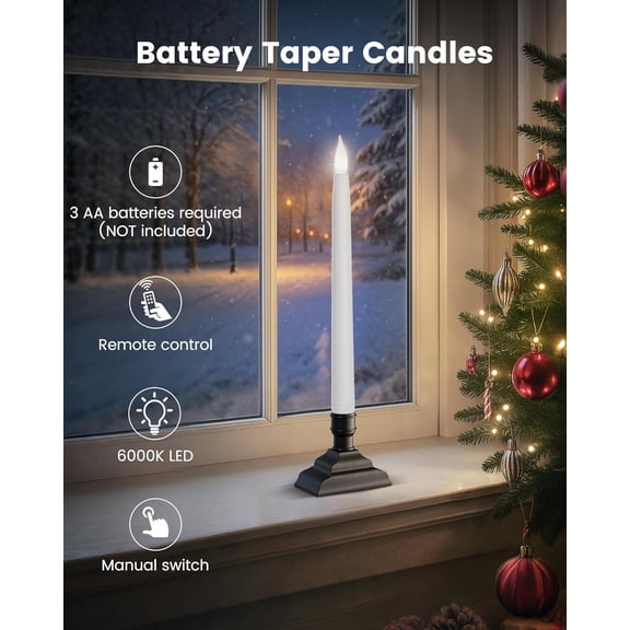 OTGFRF-10.5'' Battery Operated Window Candles with Remote, Timer, Dimmer, 5000K Cool White LED Candle with Holder, Xmas Candle for Window, Matte Black, 4-Pack (Rechargeable Battery Not Compatible)