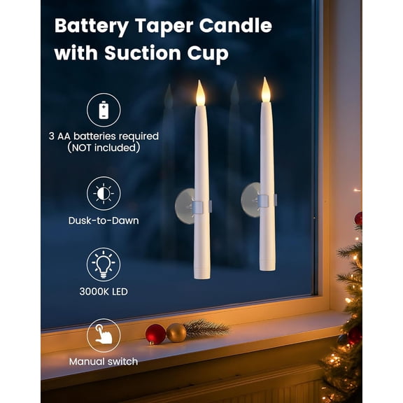 OTGFRF-10.5'' Battery Window Candles with Suction Cups, Dusk-to-Dawn Window Candles, 3000K Warm White, Flameless LED Candle for Indoor Xmas Windows, 6 Pack (Rechargeable Battery Not Compatible)