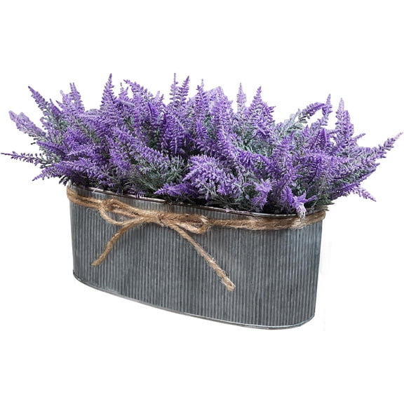 OTGFRF-10 Inch Artificial Lavender Flower Arrangement in Rustic Oval Galvanized Metal Planter Box Faux Lavender Potted Plants for Farmhouse Spring Table Centerpiece Wedding Home Office Kitchen Dcor