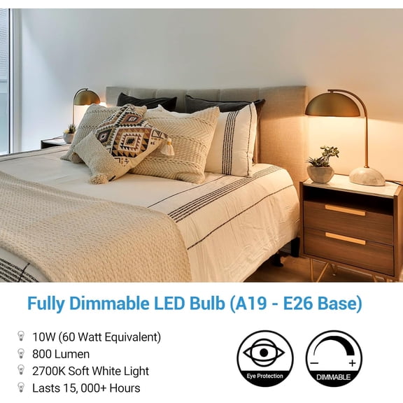 OTGFRF-10-Pack Dimmable LED A19 Light Bulb, Soft White Light with Warm Glow, 800 Lumen, 2700K, 10W (60 Watt Equivalent), E26 Medium Screw Base, UL Listed
