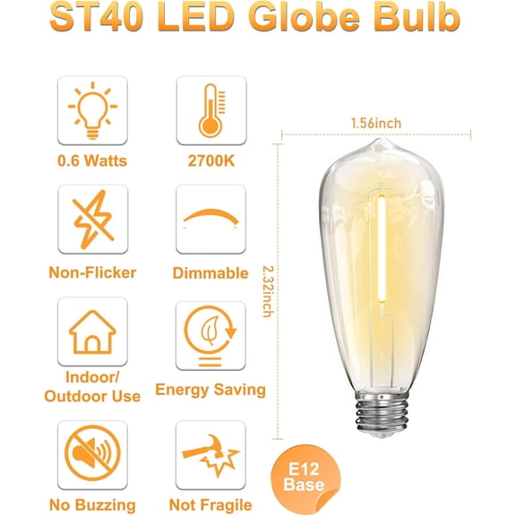 OTGFRF-10-Pack LED Light Bulbs,0.6Watt C9/E17 Screw Base ST40 Replacement Clear Plastic Light Bulbs for Outdoor Patio ST40 String Lights,Warm White