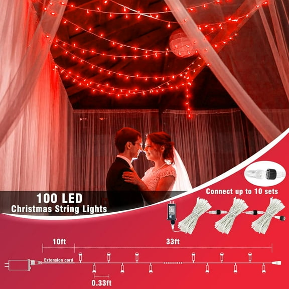 OTGFRF-100 LED Red Christmas Lights Outdoor, 33ft Red String Lights 8 Modes Clear Wire, Connectable Waterproof Plug in Led Light for Bedroom Indoor Outdoor Christmas Decorations