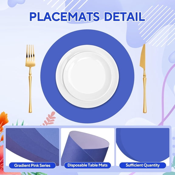 OTGFRF-100 Pcs Blue Paper Place Mats 13.5 Inch Round Placemats Gradient Disposable Table Mats for Birthday Party Wedding Baby Shower Reception Decor