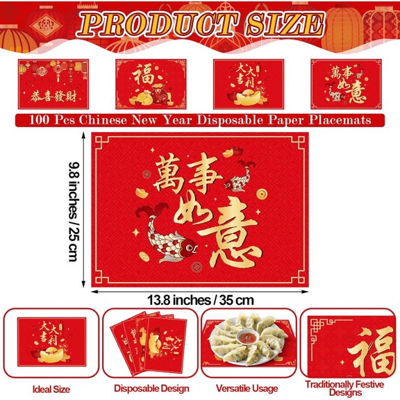 OTGFRF-100 Pcs Chinese New Year Placemats 13.78 x 9.84 Inches 2026 New Year Disposable Paper Table Mats Spring Festival for Party Kitchen Dining Table Decorations