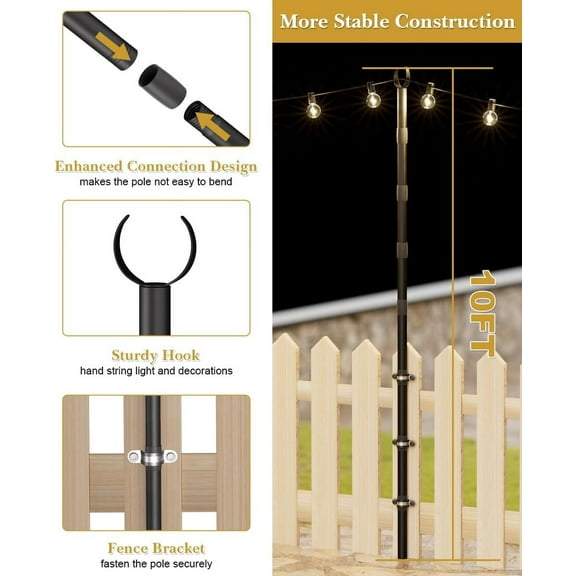 OTGFRF-10Ft String Light Poles for Fence & Deck Railing, Outdoor Light Stand with Fence Brackets, Heavy-Duty Metal Poles for Backyard, Garden & Patio Party Lighting, Rustproof & Adjustable