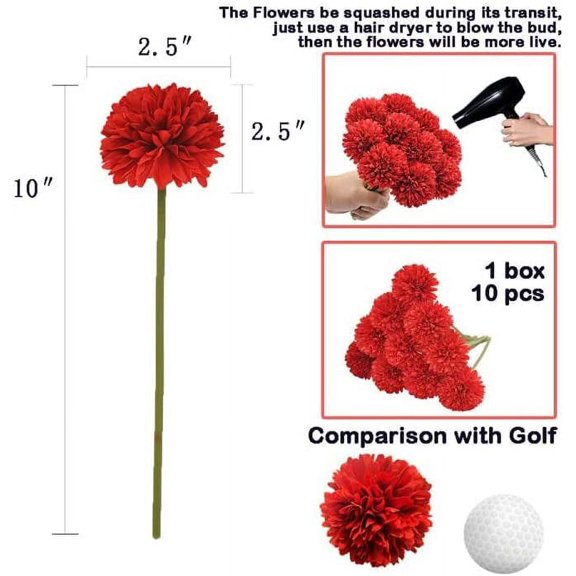 OTGFRF-10Pcs Artificial Fake Flower Plants Silk Chrysanthemum Ball Hydrangea Arrangements Wedding Bouquets Decor Home Kitchen Garden Party Table Floral Centerpieces DIY (Red)