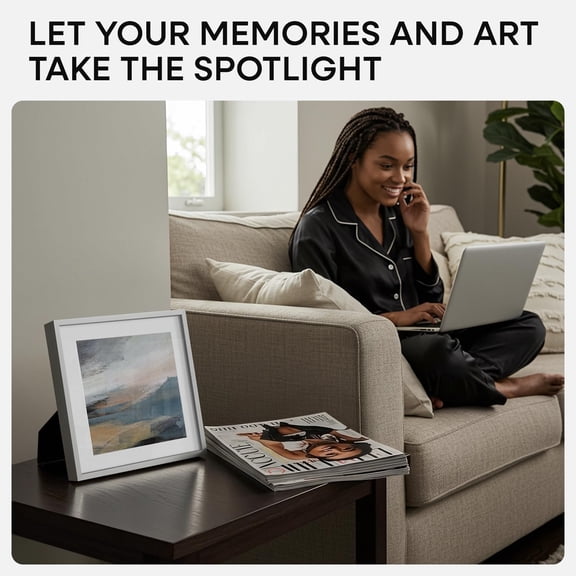 OTGFRF-10x10 Picture Frame Silver, High End Metal 10 by 10 Square Frames with Mat 8 x 8 inch Photo, 10by10 Poster Frame Matted to 8x8 Art, Wall or Tabletop Frame, Tempered Glass, Wall Kit, Set of 1