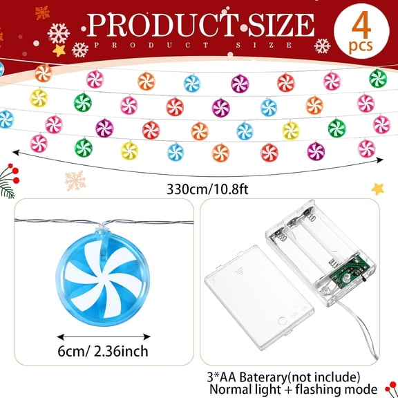 OTGFRF-11 ft Christmas Candy String Lights Decoration 21 LED Battery Operated Fairy Lights in 7 Colors Peppermint Lollipop Sugar Bulbs Outdoor Indoor Birthday Wedding