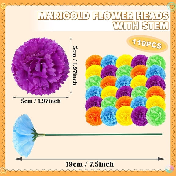 OTGFRF-110 Pcs Marigold Flower Heads Bulk, Mexican Artificial Marigold Flowers for Day of The Dead Decorations DIY Wreath Garland Craft Diwali Dia De Los Muertos Halloween Home Decor (Multicolor)