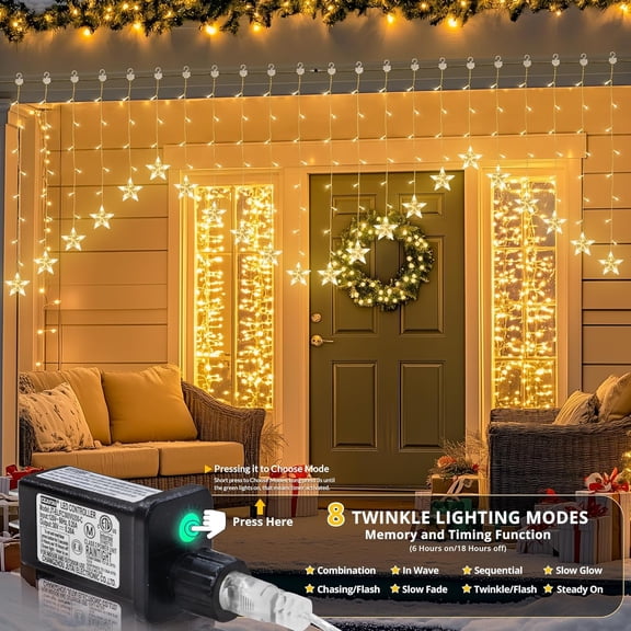OTGFRF-118LED Star Icicle Lights,11.5 FT Window Curtain Light Plug in,8 Modes Timer Hanging String Lights,Warm White Star Christmas Lights for Bedroom,Indoor Outdoor,Party,Wedding,Xmas Decorations