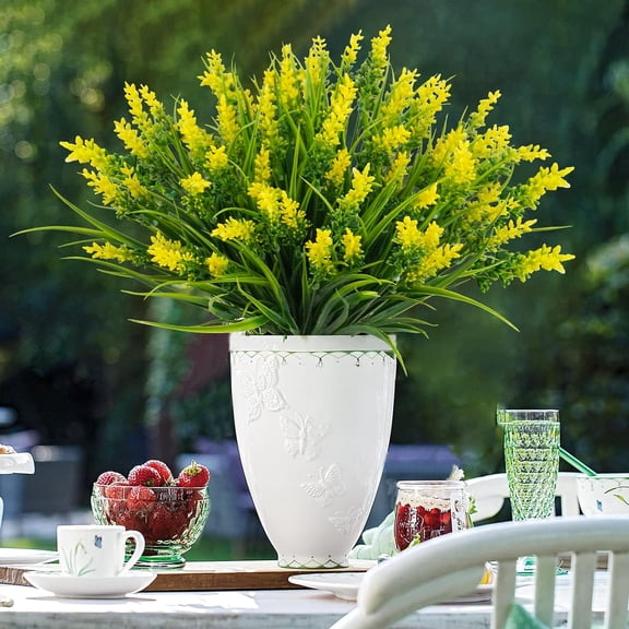 OTGFRF-12 Bundles Artificial Plants Outdoor, 18.2" UV Resistant Faux Monkey Grass Greenery Stems No Fade Faux Plastic Flowers Shrubs for Home Weddings Garden Porch Front Patio Office Decor - Yellow