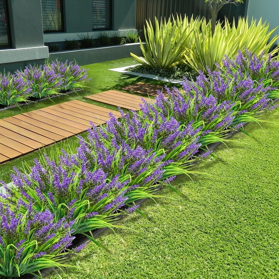OTGFRF-12 Bundles Artificial Plants Outdoor, 18.2" UV Resistant Faux Monkey Grass Greenery Stems No Fade Faux Plastic Flowers Shrubs for Home Weddings Garden Porch Front Patio Office Decor - Purple