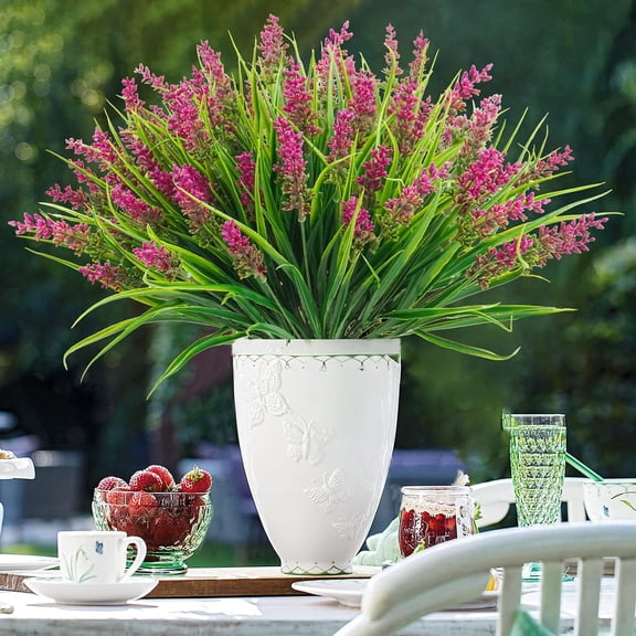 OTGFRF-12 Bundles Artificial Plants Outdoor, 18.2" UV Resistant Faux Monkey Grass Greenery Stems No Fade Faux Plastic Flowers Shrubs for Home Weddings Garden Porch Front Patio Office Decor - Rose Red