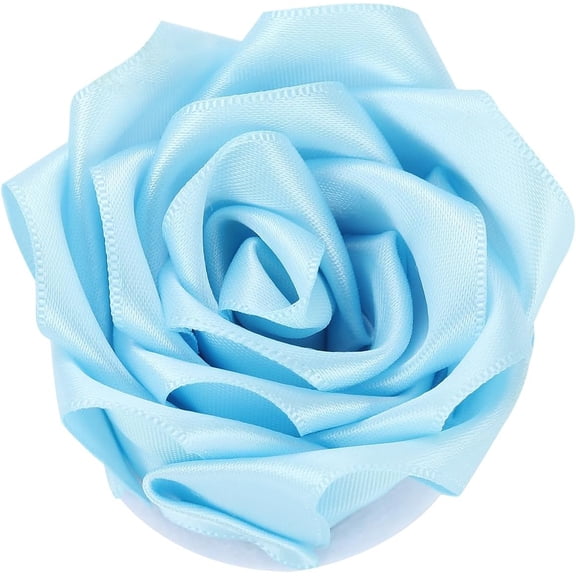 OTGFRF-12 PC Satin Rosas Eternas Heads for Wedding Quinceanera Bouquets, Valentine's Day Floral Arrangements, Rose Flower Corsages, Headbands, DIY Home Decor, Satin Ribbon Craft Flowers (Blue)