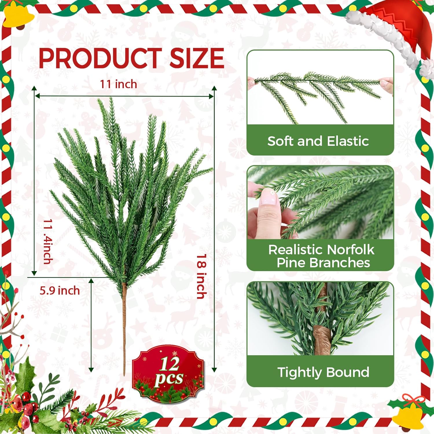 OTGFRF-12 PCS Norfolk Pine Branches 18 Inch Artificial Christmas