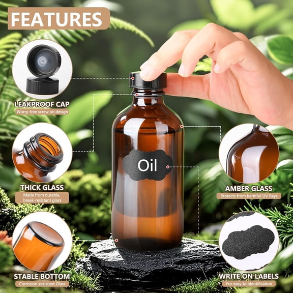 OTGFRF-12 Pack 4oz Glass Boston Round Bottles, Amber Glass Bottles with Black Lids, Leak Proof, Handy Storage for Homemade Essential Oils, Vanilla Extract
