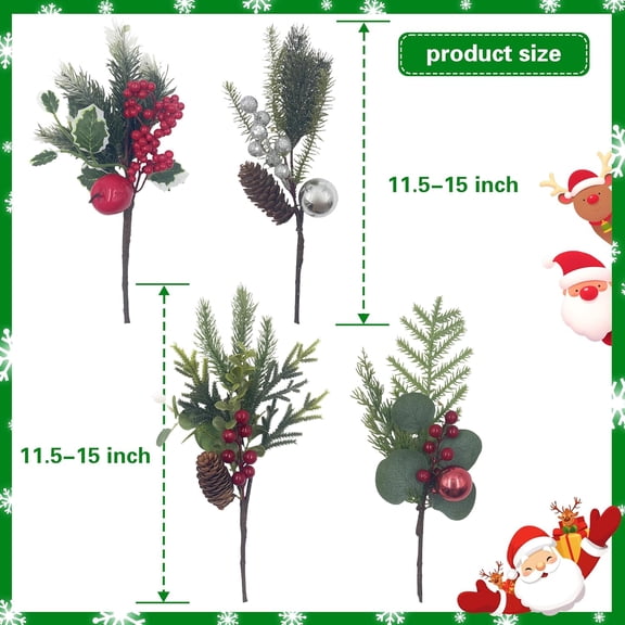OTGFRF-12 Pack Christmas Pine Picks with Red Berry Stems, Holly Eucalyptus Branches with Pinecone Sliver Ornament for Vase Filler Floral Arrangements DIY