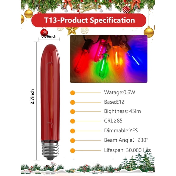 OTGFRF-12 Pack T13 LED Multicolor Replacement Bulbs, E12 Candelabra Base LED Bulbs for Outdoor String Lights, Night Light, Christmas Candles, Window Lights, 0.6W Energy Saving Decorative Multicolor B