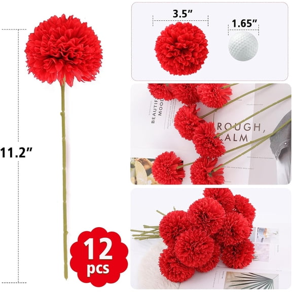OTGFRF-12 Pcs Artificial Chrysanthemums Flowers Silk Red Ball Flowers Fake Mums Flowers for Christmas Wedding Floral Table Centerpiece Home Decor (12, Red)