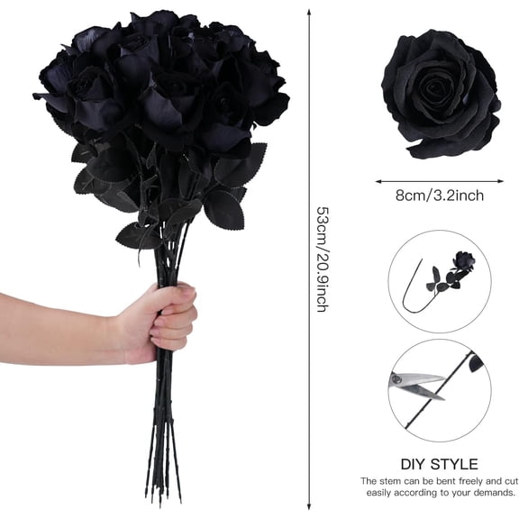 OTGFRF-12 Pcs Black Roses Artificial Flowers with Long Stem, Faux Silk Rose Bouquet Realistic Lifelike Fake Floral Bundles for Halloween Valentine's Day Wedding Party Table Centerpiece Decor, Small