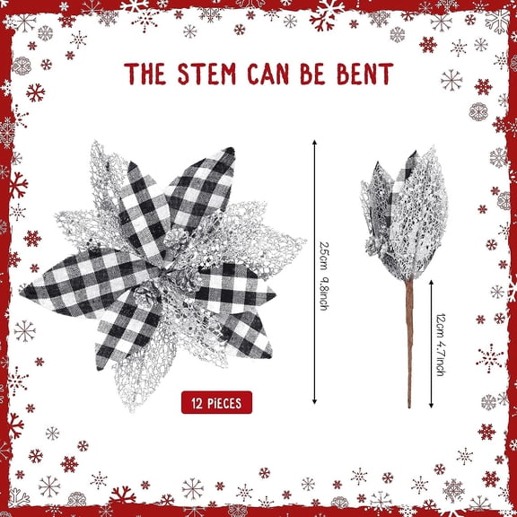 OTGFRF-12 Pcs Christmas Buffalo Plaid Poinsettia Flower Pick 9.8 Inches Xmas Flower Ornament with Glitter Powder for Christmas Tree Garland Decor Wedding Party Holiday(Black White, Silver Pine Cones)