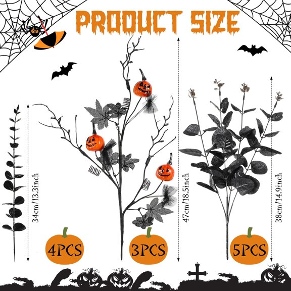 OTGFRF-12 Pcs Halloween Decorations Artificial Flowers with Pumpkins, Maple Leaf Floral Stems Black Eucalyptus Halloween Centerpiece for Tables Vase Fillers Gothic Party Ornaments and Picks