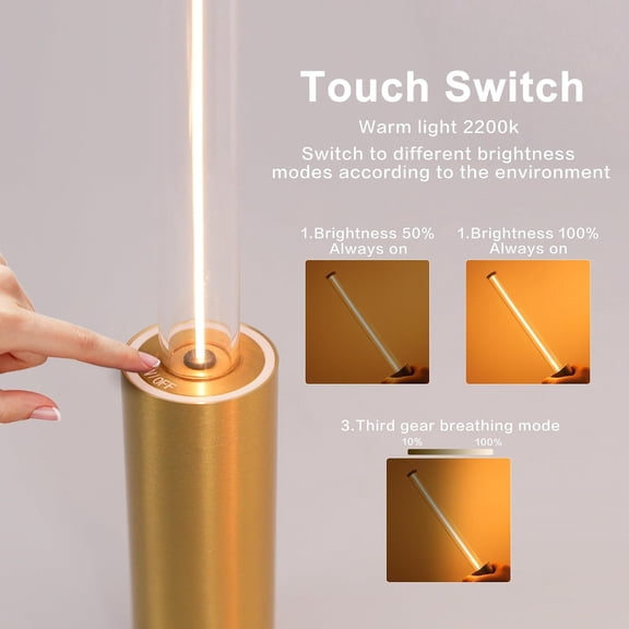 OTGFRF-12Portable Touch Lamp, USB Rechargeable Table Lamp with 2 Brightness Levels & Breathing Light Mode, 2700K Warm LED, 2600mAh Battery, 6-18H Use, Hanging Strap, Acrylic + Aluminum (Gold)