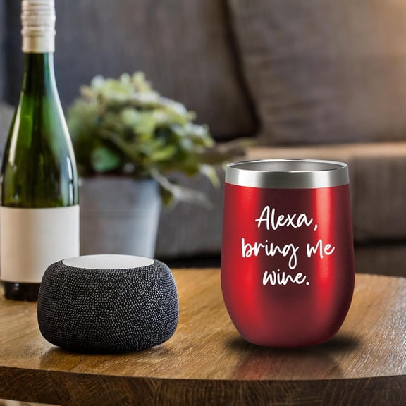 OTGFRF-12 oz Wine Tumbler - Iced Coffee Mug with Splash-Proof Lid Stainless Steel Double Wall Vacuum Insulated with Inner Layer Copper Keep Drinks Cold/Hot - Quote: Alexa Bring me Wine (Red)