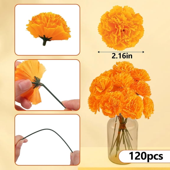 OTGFRF-120Pcs Artificial Marigold Flowers, 2inch Silk Marigolds with Stems, Orange Artificial Flowers for Diwali Home Decor Marigold Garland Day of The Dead Decorations