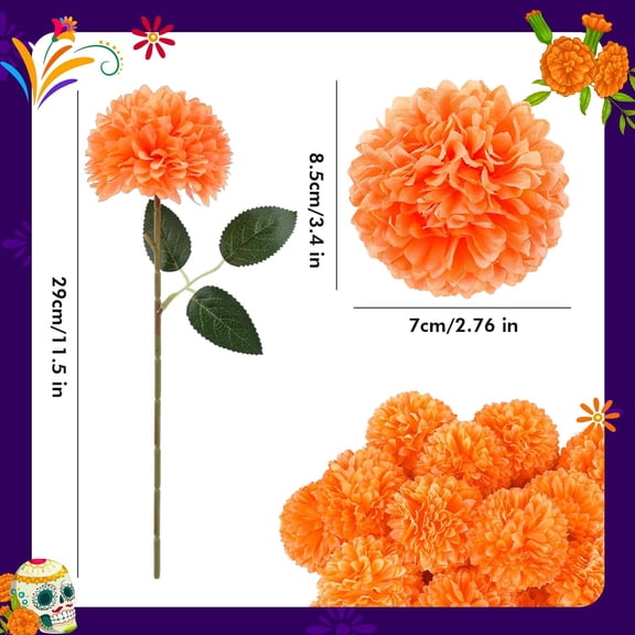 OTGFRF-12PCS Marigold Flowers Mexican Silk Marigold Artificial Flowers with Stems for Day of The Dead Dia de Los Muertos Diwali Decor Halloween DIY Marigold Garland for Decorations