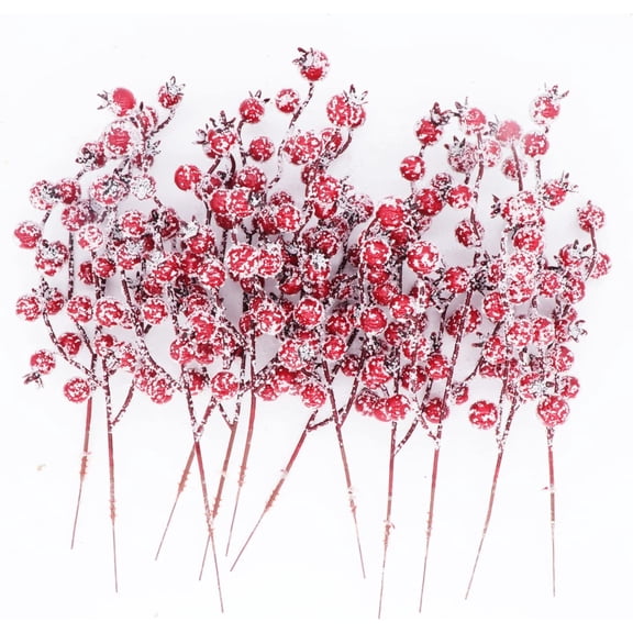 OTGFRF-12Pcs Artificial Snowy Red Berry Picks Stems Christmas Frosted Holly Berry Branches Xmas Winter Twig Spray Holiday Arrangements Table Centerpieces DIY Crafts 10.6" Tall (Red, 12)
