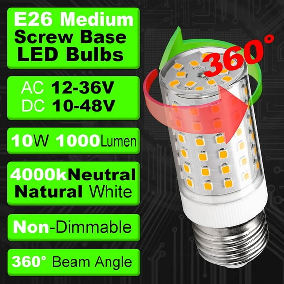 OTGFRF-12V 24V E26 Medium Screw Base LED Bulb 10W 4000K Natural White 100 Watt Equivalent Incandescent Low Voltage AC12-36V/DC10-48V for RV Boat Landscape Solar Panel Project Lighting,1000lm,3 Pack