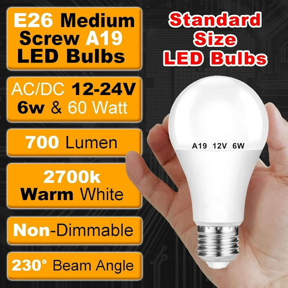 OTGFRF-12V Low Voltage A19 A60 LED Light Bulb 6W Equivalent 50W 60Watt Halogen 700lm 2700K Warm White E26 E27 Standard Base for Landscape Garden RV Marine Boat Off Grid Solar Panel Project Lighting,