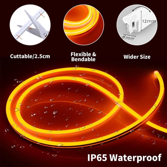 OTGFRF-12V Orange LED Strip Lights 16.4FT, Flexible Silicone Neon Rope Light, Waterproof, Cuttable, Dimmable & Linkable, for Cabinet, Ceiling, Wall, Bedroom, Kitchen, Garage (No Adapter)