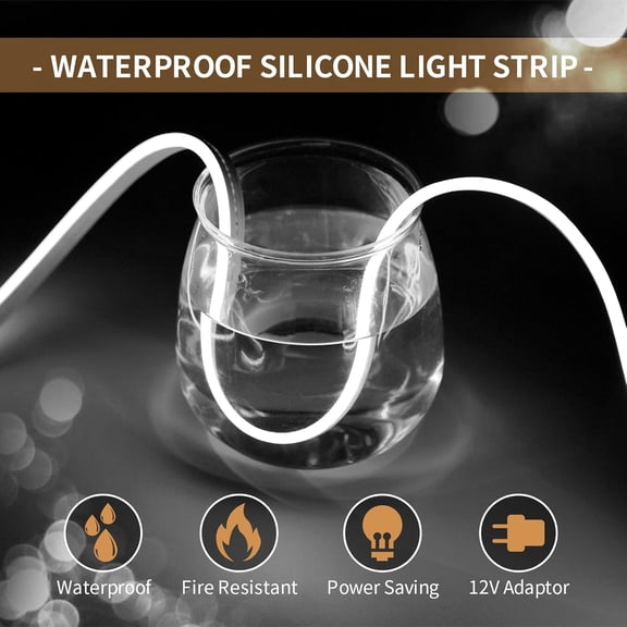 OTGFRF-12V White Neon LED Strip Lights - 16.4FT Bendable Waterproof Cuttable, Flex Silicone Neon Rope Lights for Kitchen, Bedroom, Indoor Outdoor DecorationNo Adapter