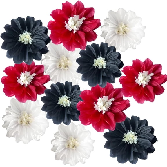 OTGFRF-12pcs 10in 12in Paper Pom Poms Hanging Paper Flowers Wall Backdrop Wedding Party Flower Decorations DIY Art Craft Blooms for Birthday Baby Shower Decor White Red Black