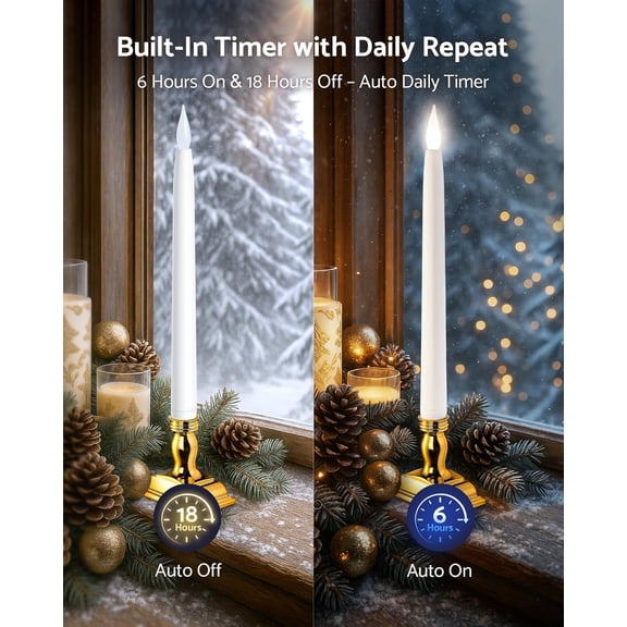 OTGFRF-13.2" Window Candles Battery Operated with Timer, 6h On/18h Off, LED Flickering Flame, 5000K Cool White Christmas Candle Lights for Windows, Indoor Holiday Decor, 4 Pack, Gold Holders