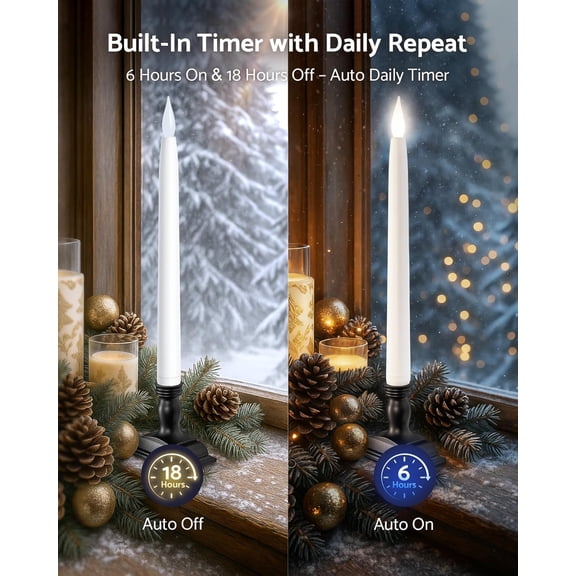 OTGFRF-13.2" Window Candles Battery Operated with Timer, 6h On/18h Off, LED Flickering Flame, 5000K Cool White Christmas Candle Lights for Windows, Indoor Holiday Decor, 4 Pack, Black Holders