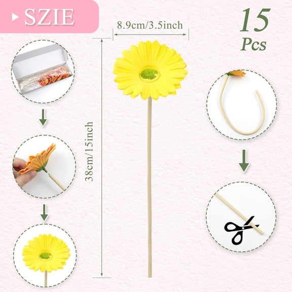 OTGFRF-15 Pcs 15 Inch Yellow Artificial Gerbera Daisy Flowers - Fake Mums Daisies Bouquet for Wedding Decor, Party Decorations, Home Kitchen Decorations