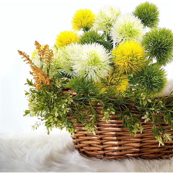 OTGFRF-15Pcs Artificial Dandelion, Artificial Flowers Plants Bouquet with 1 Vase Kraft Paper Bag-Plastic Shrubs Brushes Plant Fake Grass for Indoor Outdoor(White,Yellow,Green)
