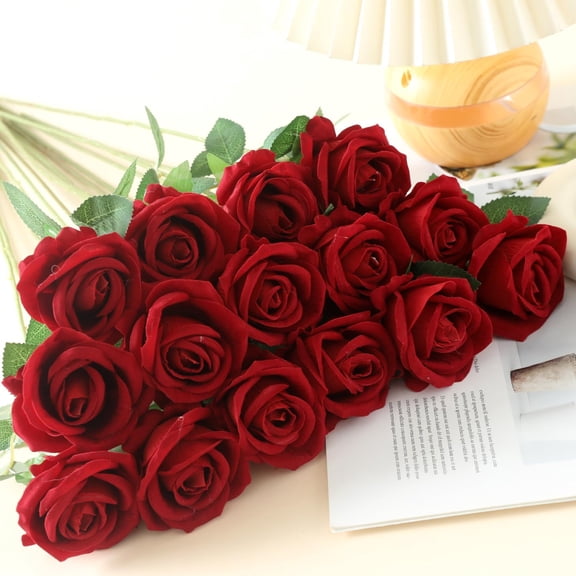 OTGFRF-15Pcs Pearl Red Roses Artificial Flowers Fake Roses Long Stem Velet Rose Silk Flowers for Home Wedding Decoration (Pearl Roses,Deep Red)