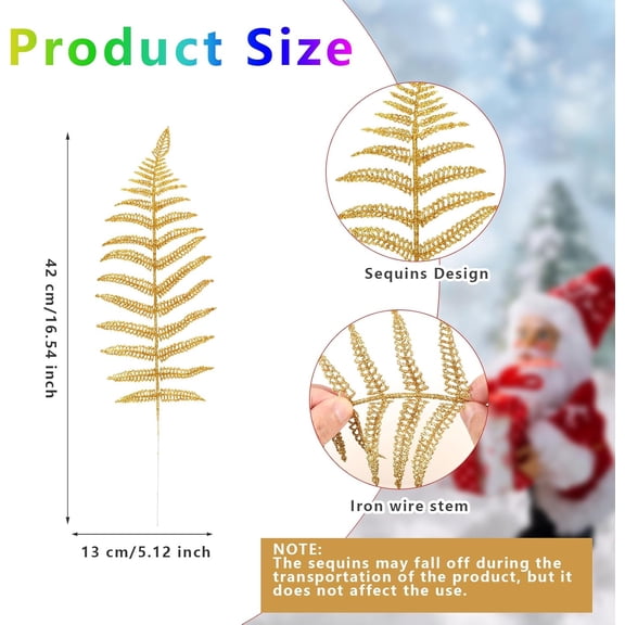 OTGFRF-16 PCS Christmas Artificial Fern Bush Leaf, Gold Glitter Faux Plants Leaves for Centerpieces, Fake Christmas Tree Picks for DIY Garland Wreath Wedding Bouquet Table Home Garden Dcor