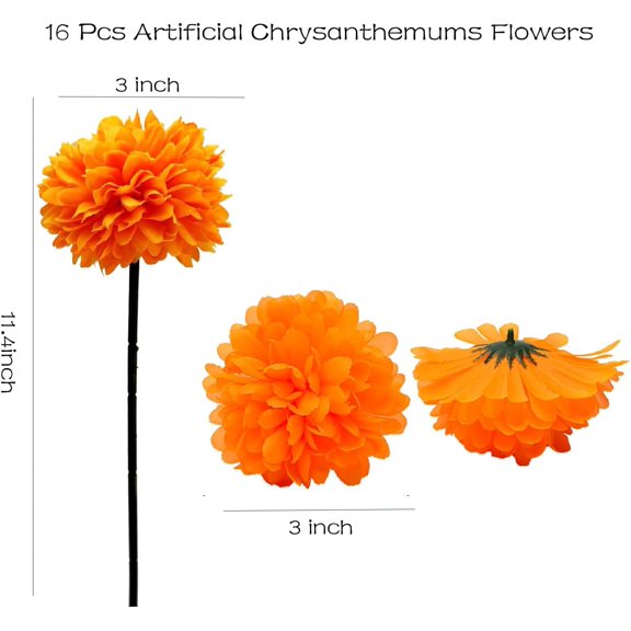 OTGFRF-16 Pcs Artificial Chrysanthemums Flowers Ball Flower Fake Mums Spring Autumn Flowers for Home Office Coffee House Parties and Wedding Decor (Orange)