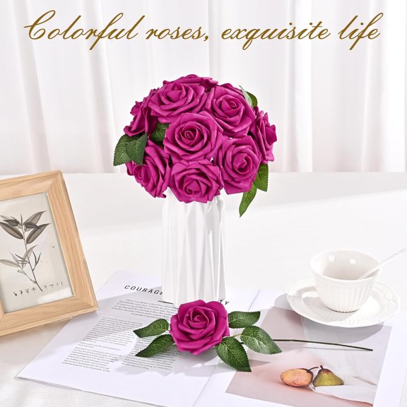 OTGFRF-16Pcs Artificial Flowers Fake Roses with Stems, Rose Red Boxed Foam Roses for DIY Bouquets Centerpieces Wedding Party Arrangement Bridal Shower Decor