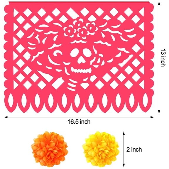 OTGFRF-18 Feet Mexican Party Banners 40 Pieces Marigold Flowers Bulk Silk Faux Flowers Set Day of The Dead Papel Picado Banner Home Wedding Decoration